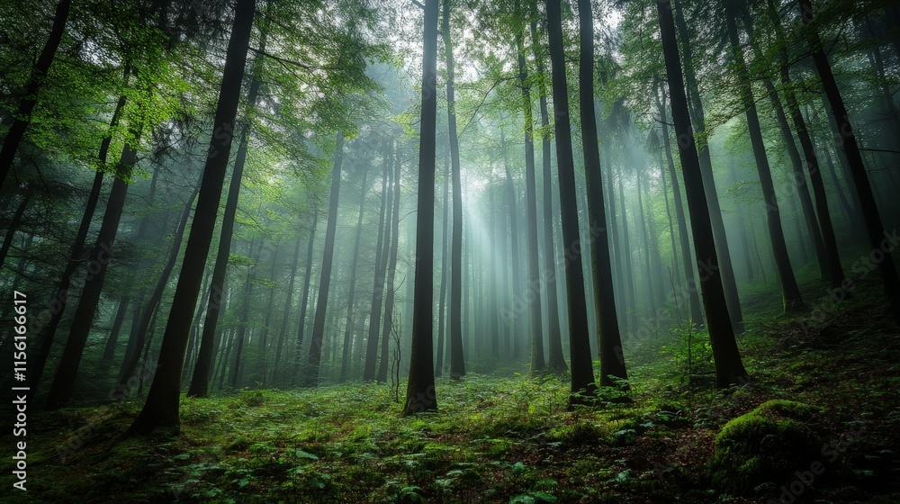 Naklejka premium Misty morning in a dense forest with sunlight peeking through the trees.