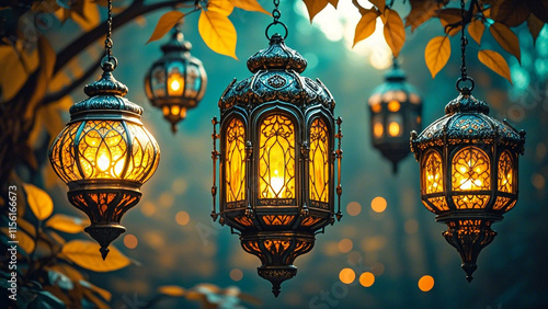 Three ornate hanging lanterns, with intricate designs and warm, golden light emanating from within, are suspended against a backdrop of a teal-toned, softly-lit forest.