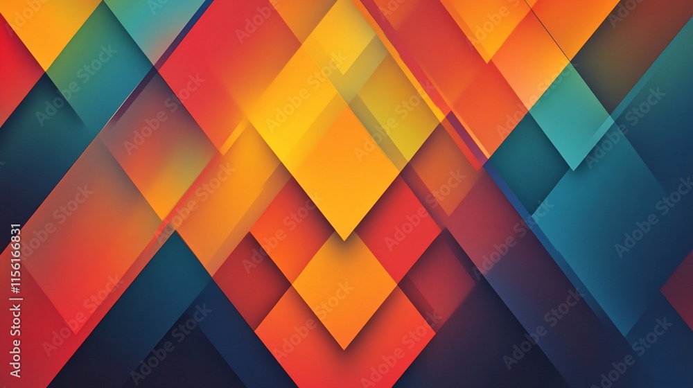 Abstract geometric background with overlapping vibrant orange, red, teal, and dark blue diamond shapes. Abstract geometric background with overlapping vibrant orange, red, teal, and dark blue diamond shapes.