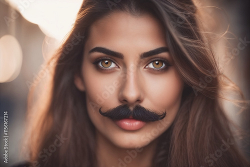 A woman with a fake mustache gazes intensely, bathed in golden hour light against a blurred urban backdrop, embodying the absurd vanity and superficiality of modern city life photo