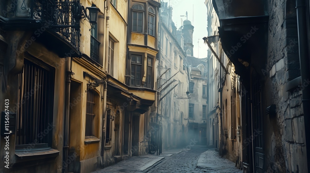 Fototapeta premium Misty cobblestone street in old European city.