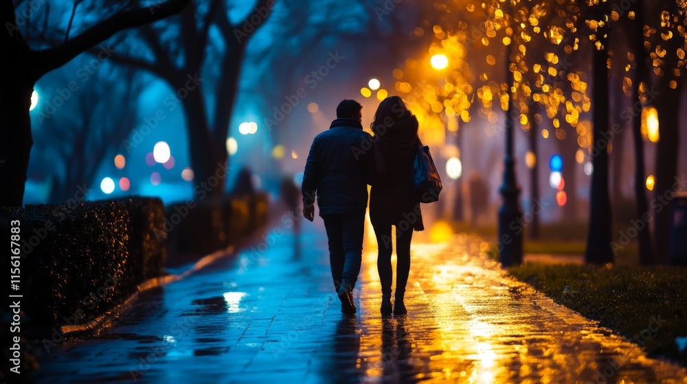 Silhouettes of a couple walking down a city street on a rainy night Silhouettes of a couple walking down a city street on a rainy night
