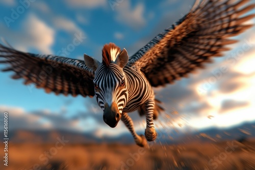 An imaginative portrayal of a zebra with wings in mid-flight captures the essence of fantasy and creativity, blending elements of nature and surrealism in an artistic moment. photo