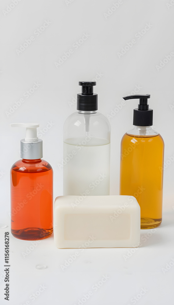 Different size and shapes containers for cleanser toner tonic conditioner, soap and shampoo on white background with water drops. Natural organic beauty products, blank label package, branding mock- Different size and shapes containers for cleanser toner tonic conditioner, soap and shampoo on white background with water drops. Natural organic beauty products, blank label package, branding mock-