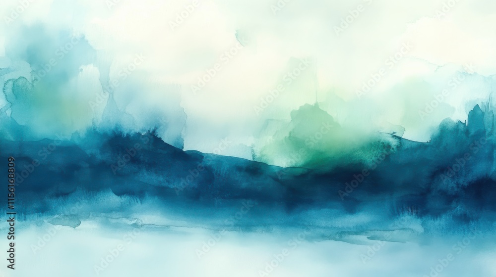 Naklejka premium Abstract watercolor painting of a serene landscape in calming teal and green hues.