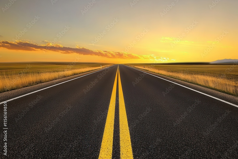 Naklejka premium Expansive Straight Road Under Dramatic Sunset Sky Surrounded by Open Fields and Lush Landscape, Ideal for Journey and Adventure Themes