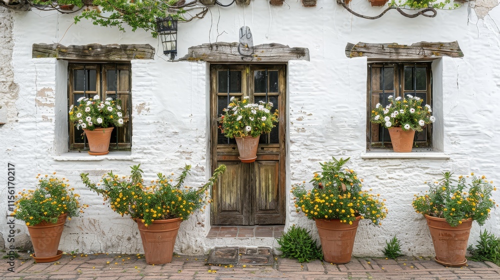 Charming Whitewashed Facade Of Traditional Spanish House With Wooden Door, Windows And Flower Pots Charming Whitewashed Facade Of Traditional Spanish House With Wooden Door, Windows And Flower Pots
