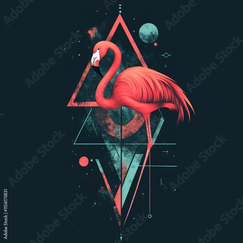 Pink flamingo in geometric art design with teal accents and space elements. photo