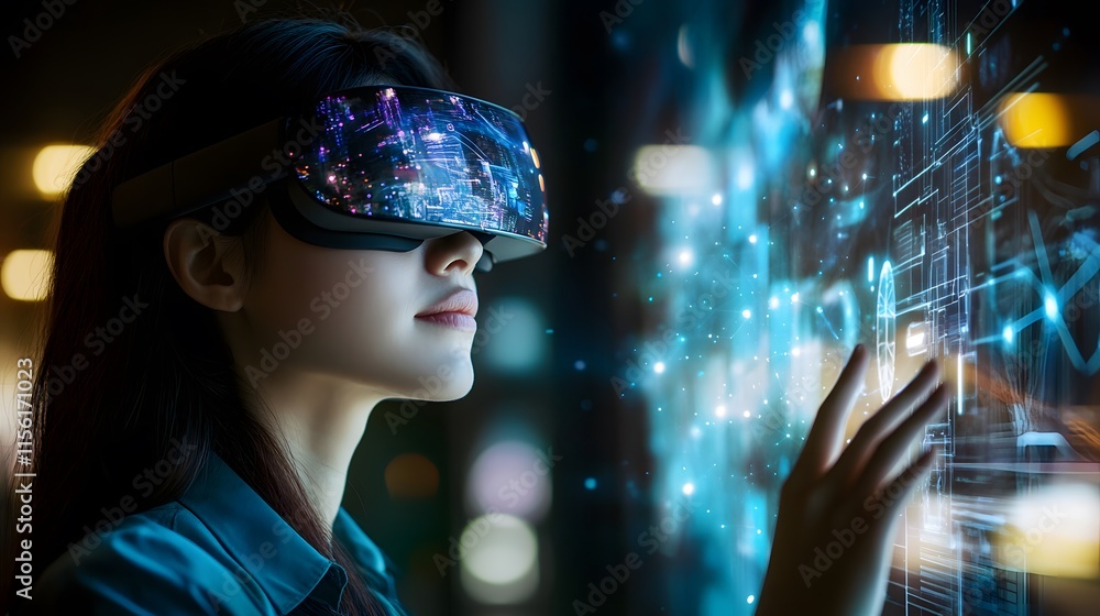 Woman Experiencing Immersive Virtual Reality Technology Woman Experiencing Immersive Virtual Reality Technology