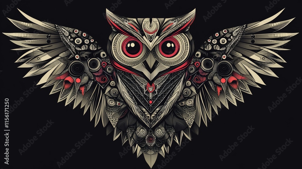 Fototapeta premium Steampunk owl with spread wings, intricate metallic design, red accents against black background.