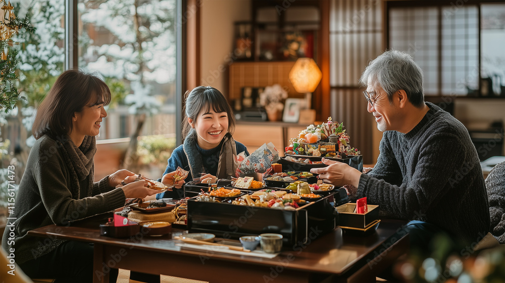 家族が囲む新年の暖かな朝とおせち料理 家族が囲む新年の暖かな朝とおせち料理