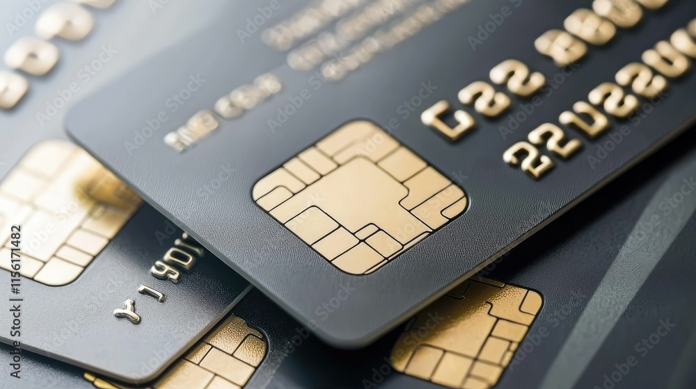 Close-up of several dark-colored credit cards with gold embossed numbers and microchips. Close-up of several dark-colored credit cards with gold embossed numbers and microchips.