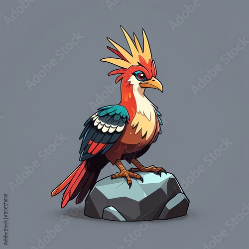 Majestic Crimson-Crested Bird Perched on Rock, a Vibrant Digital Illustration photo