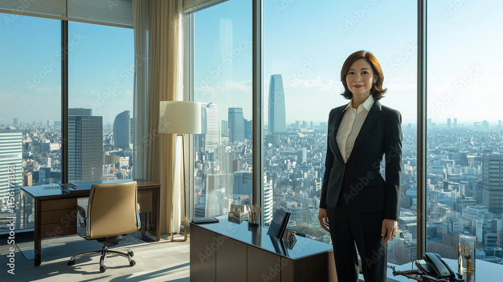 Fototapeta premium 都会の風景を背景に豪華なオフィスで撮影された女性CEOの朝