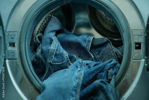 Closeup of a washing machine filled with dirty denim clothes and jeans in indoor setting photo