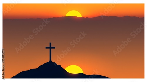 An ethereal image of a majestic cross on a mountain at sunrisestands atop bathed in warm golden hour light photo