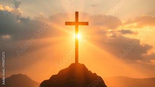 An ethereal image of a majestic cross on a mountain at sunrisestands atop bathed in warm golden hour light