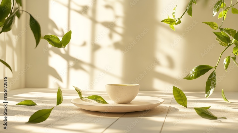 Serene teacup on plate with floating leaves in sunlit room. Serene teacup on plate with floating leaves in sunlit room.