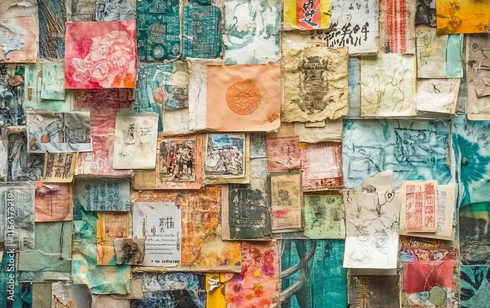 Colorful collage of various papers, textures, and prints on a wall. Colorful collage of various papers, textures, and prints on a wall.
