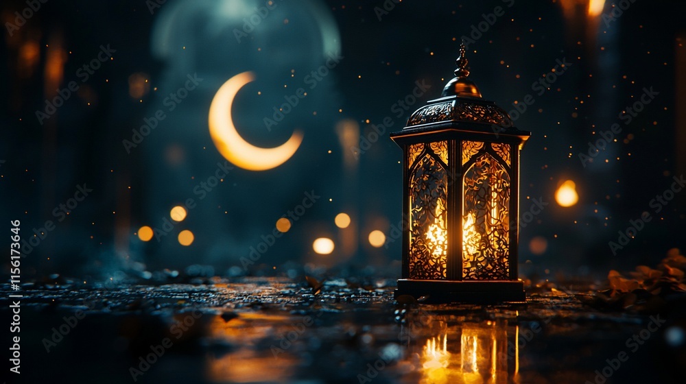 Illuminated lantern at night with crescent moon. Illuminated lantern at night with crescent moon.