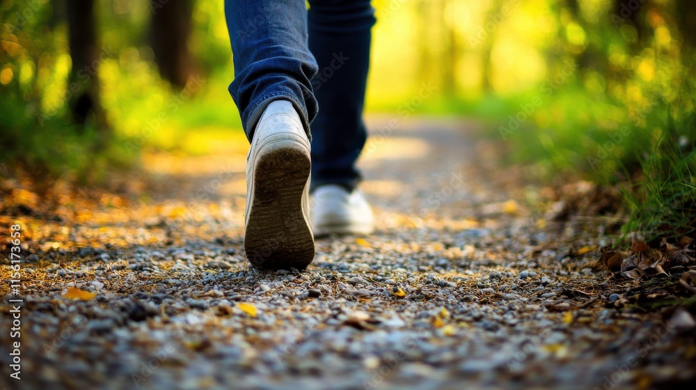 Person Walking on a Forest Trail in Bright Nature Person Walking on a Forest Trail in Bright Nature