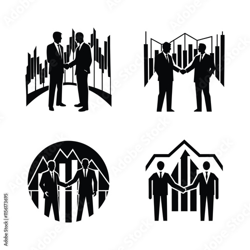 silhouette of business people handshaking in front of stock market presenting satisfactory growth