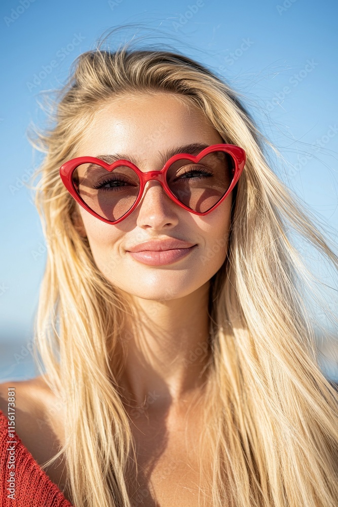 A blonde woman wearing red sunglasses with a heart shape on the lenses A blonde woman wearing red sunglasses with a heart shape on the lenses
