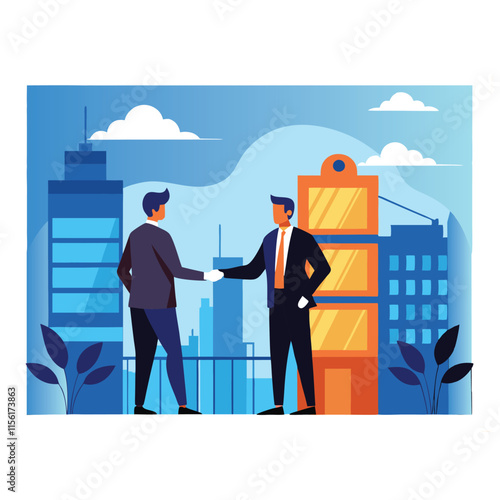 handshaking infornt of investment firm and agency presenting support and trust with long relationship color