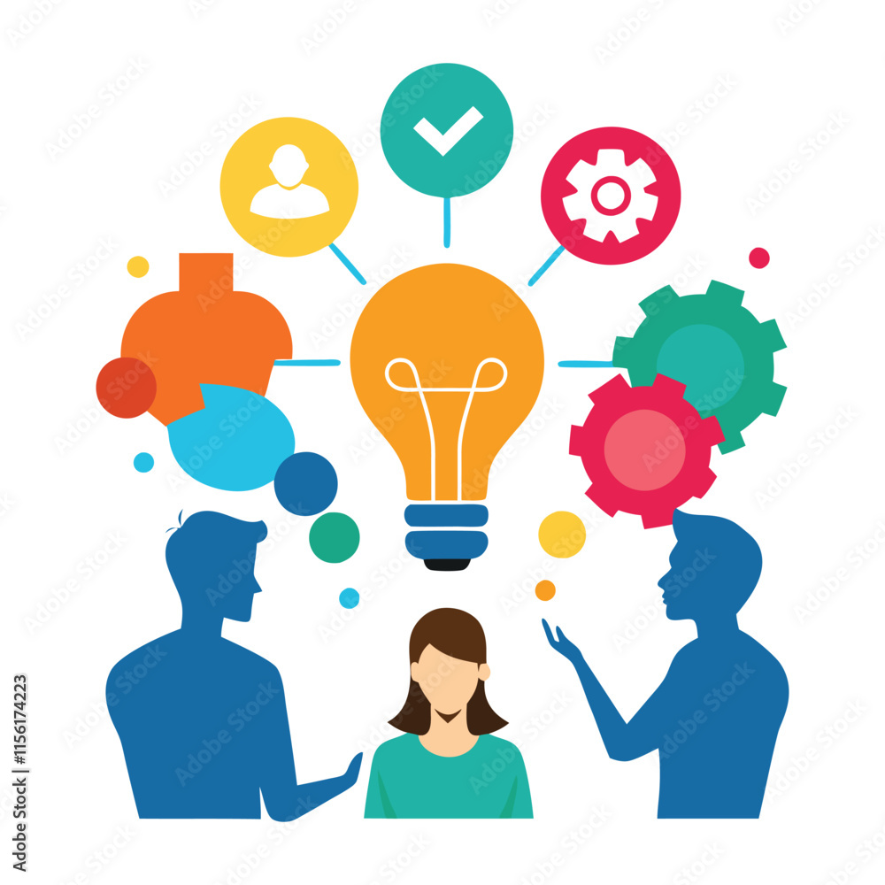 team of entrepreneurs brainstorming ideas with lightbulbs and charts around them team of entrepreneurs brainstorming ideas with lightbulbs and charts around them