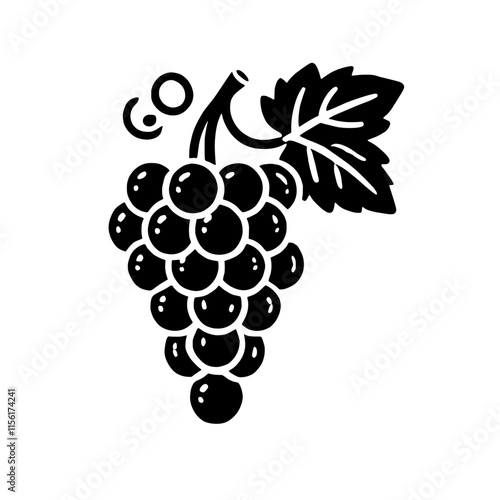 Black and White Grape Illustration: A single grapevine with a cluster of grapes and a leaf in a minimalist black and white illustration. The grapevine is a symbol of abundance, growth.