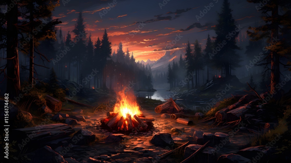 Campfire at Twilight: Logs Around a Warm Fire in a Serene Forest Clearing at Dusk.
Campfire at Twilight: Logs Around a Warm Fire in a Serene Forest Clearing at Dusk.