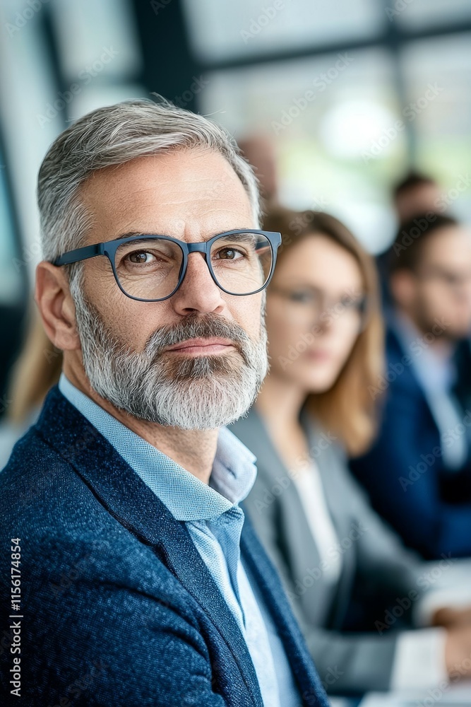 A man with glasses is sitting in a room with other people A man with glasses is sitting in a room with other people