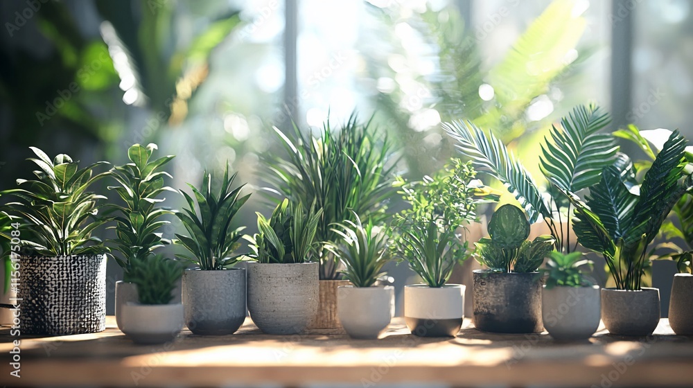 Sunlit indoor plants in various pots on wooden surface. Sunlit indoor plants in various pots on wooden surface.