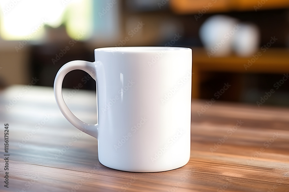 Obraz premium A plain white mug on a wooden table, suitable for beverages.