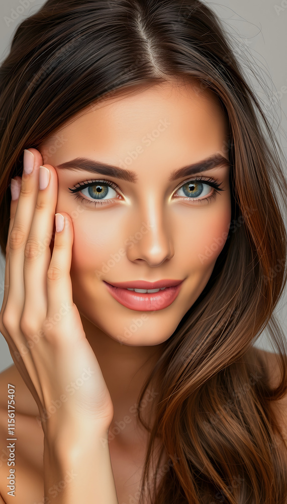Stunning model with brown hair touching her own face with Clean Fresh Skin, beauty treatment and spa concept, photo, with white tones Stunning model with brown hair touching her own face with Clean Fresh Skin, beauty treatment and spa concept, photo, with white tones