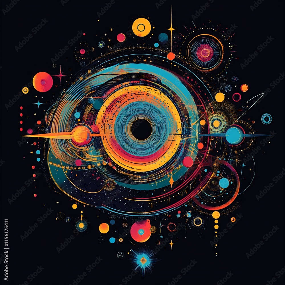 Obraz premium Abstract cosmic artwork featuring swirling colors, planets, and stars on a dark background.