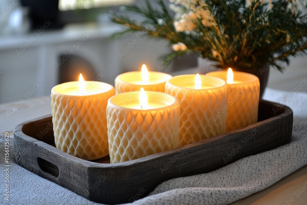 Five lit honeycomb candles on a wooden tray, cozy home decor. Five lit honeycomb candles on a wooden tray, cozy home decor.