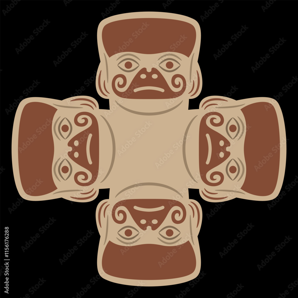 Square ethnic cross shape design with four stylized human heads. Native American art of Moche Indians of ancient Peru. Mochica ethnic masks. Square ethnic cross shape design with four stylized human heads. Native American art of Moche Indians of ancient Peru. Mochica ethnic masks.