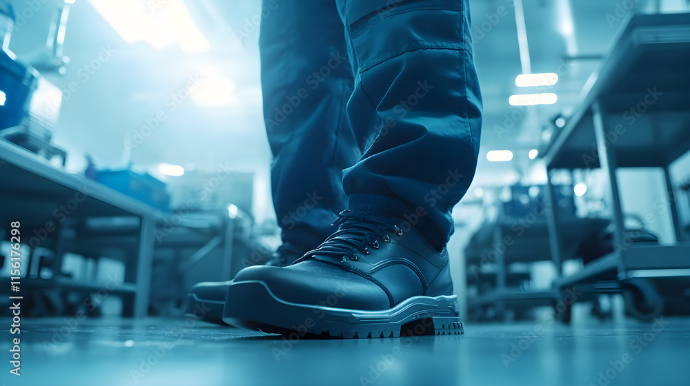 Obraz premium Workers wearing safety shoes in factory or construction site, work safety concept.