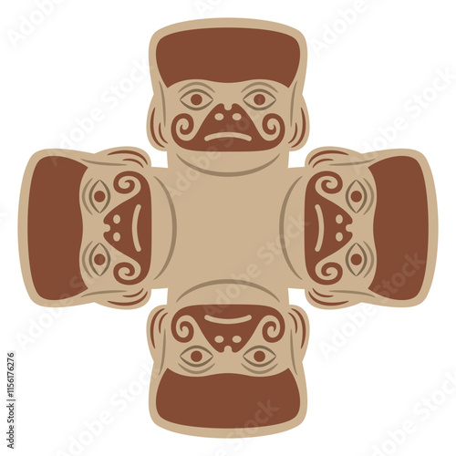 Square ethnic cross shape design with four stylized human heads. Native American art of Moche Indians of ancient Peru. Mochica ethnic masks. 