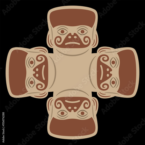 Square ethnic cross shape design with four stylized human heads. Native American art of Moche Indians of ancient Peru. Mochica ethnic masks. 