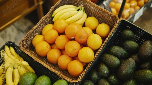 A basket of oranges and bananas sits on a table next to a basket of avocados
