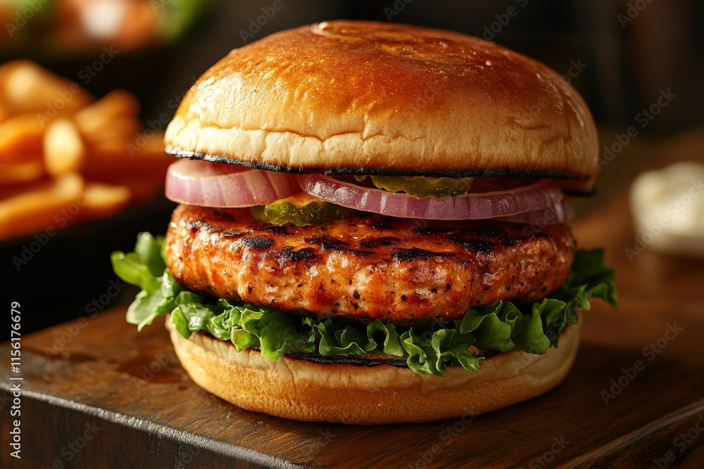 Grilled salmon burger on a bun with lettuce, red onion, and pickles. Grilled salmon burger on a bun with lettuce, red onion, and pickles.