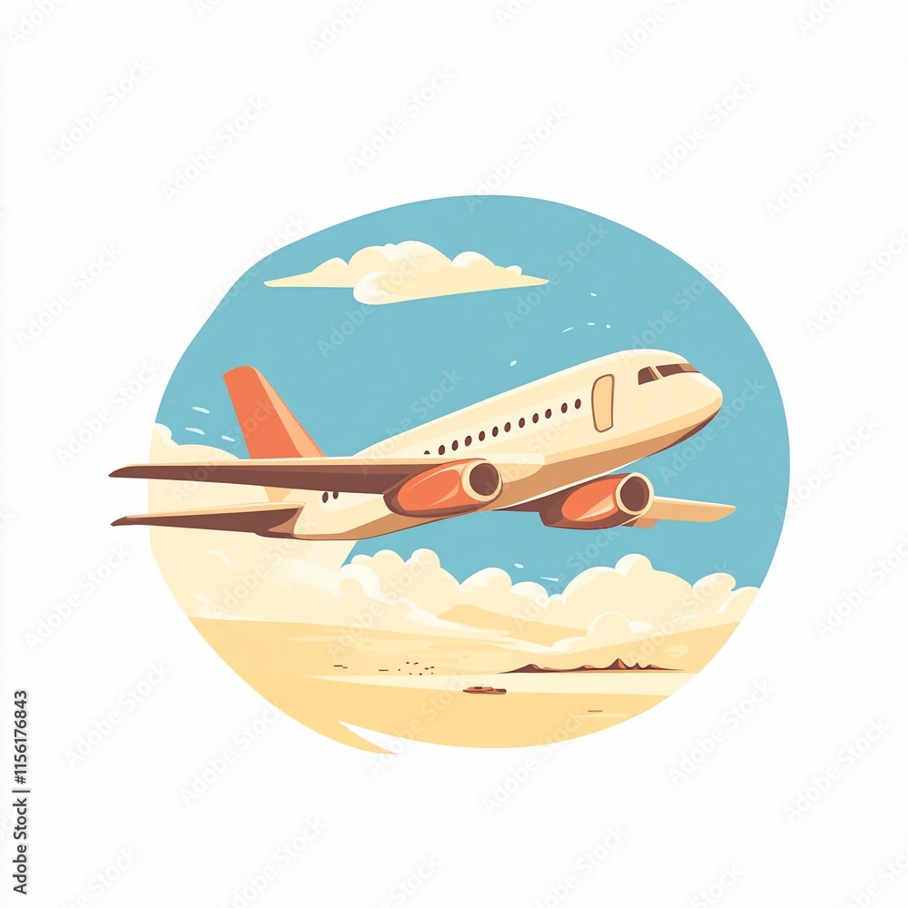 Fototapeta premium Airplane soaring above clouds and land, illustrated in a circle.
