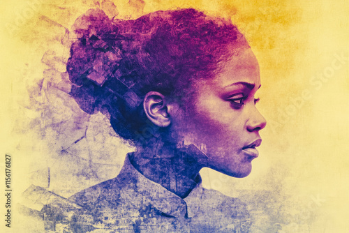 Illustration of a side portrait of an African American woman on a purple and yellow background photo