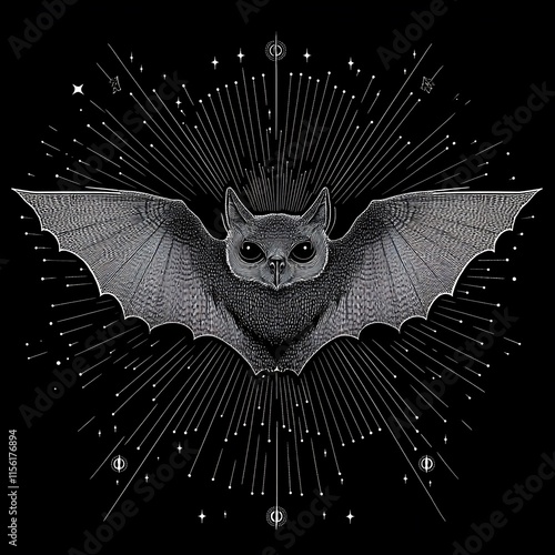 Detailed illustration of a bat with radiating lines and stars. photo