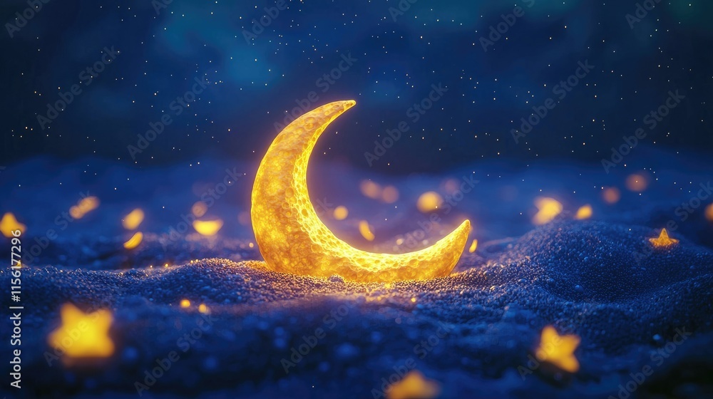 Glowing crescent moon on starry night. Glowing crescent moon on starry night.