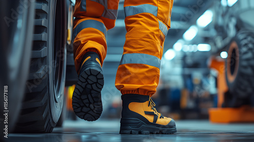 Workers wearing safety shoes in factory or construction site, work safety concept.