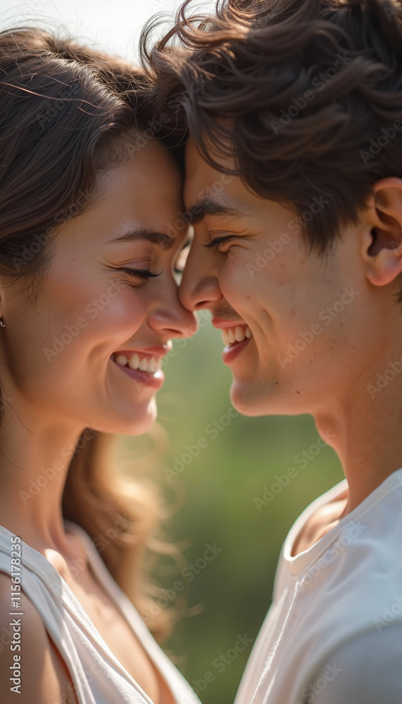 Couple sharing a joyful moment in a natural outdoor setting Couple sharing a joyful moment in a natural outdoor setting