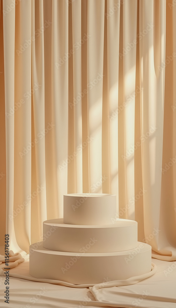 Sunlit Minimalist Podium with Beige Curtain Backdrop for Display


